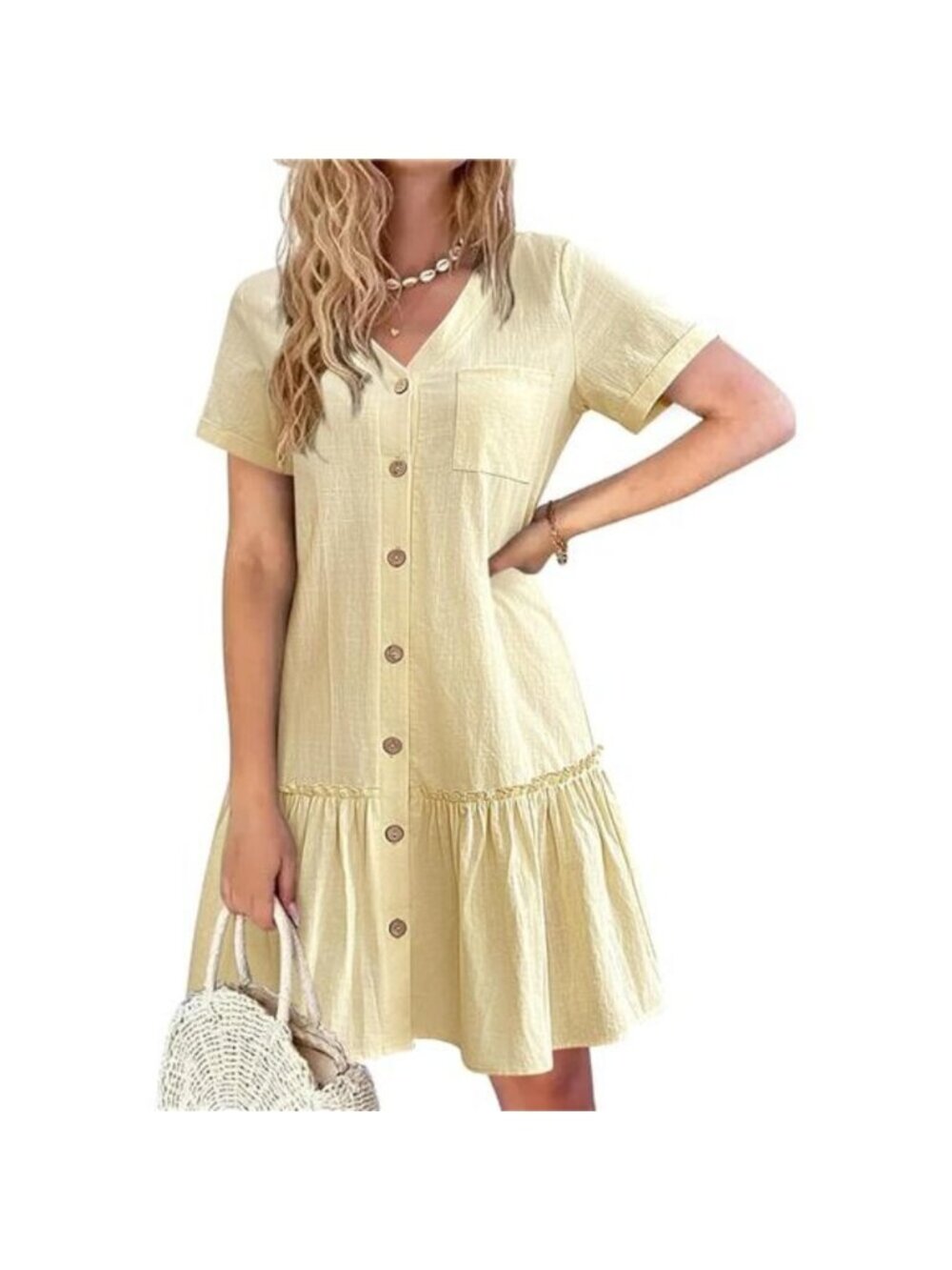 Women's Button Down Dress Loose Summer Cotton Linen Dress Ruffle Hem Tunic Dress